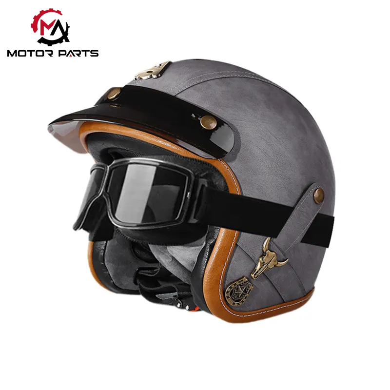 Casco De Moto Media Cara De Cuero Con Gafas